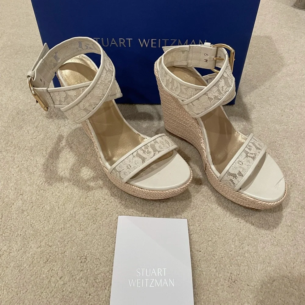 Stuart Weitzman Guipure Lace Espadrille Sandal Ivory Wedges Z4037* size 8